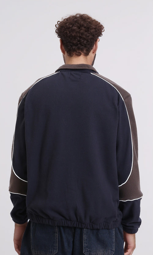 R214034 - Zipped Neck Comfy Sweater - Navy Blue & Brown