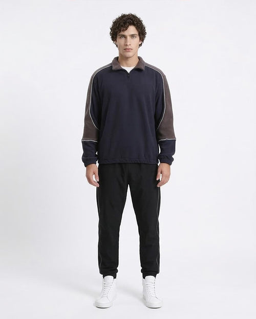 Ravin Men’s Paneled Colour-Block Fleece 1/4 Zip Pulloverr - Navy Blue & Brown - R214034