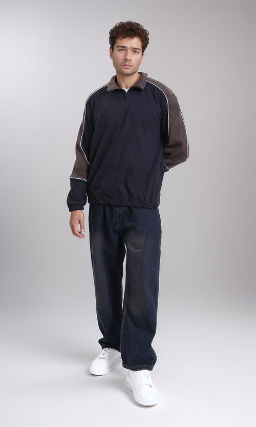 R214034 - Zipped Neck Comfy Sweater - Navy Blue & Brown