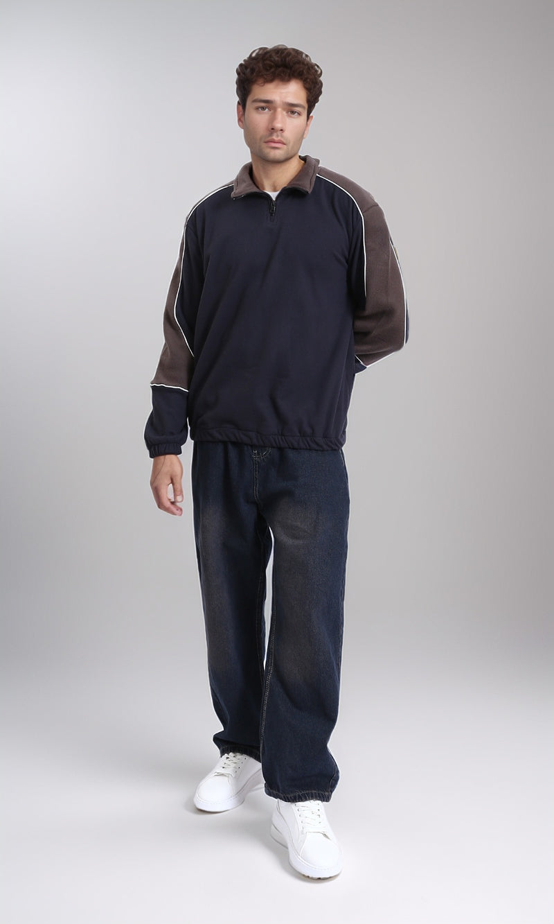 R214034 - Zipped Neck Comfy Sweater - Navy Blue & Brown