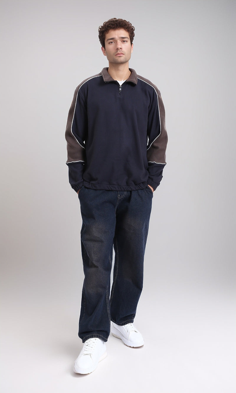 R214034 - Zipped Neck Comfy Sweater - Navy Blue & Brown