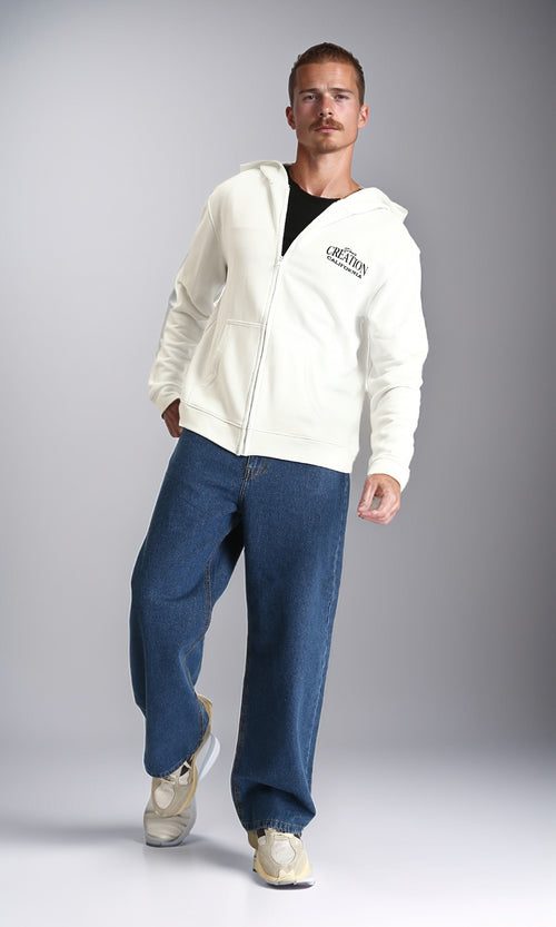 R214036 - Front Print & Back Zipped Hoodie - White