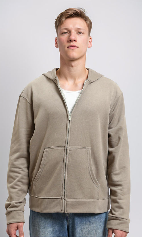 R214037 - Zipper Through Pockets Solid Hoodie - Light Taupe