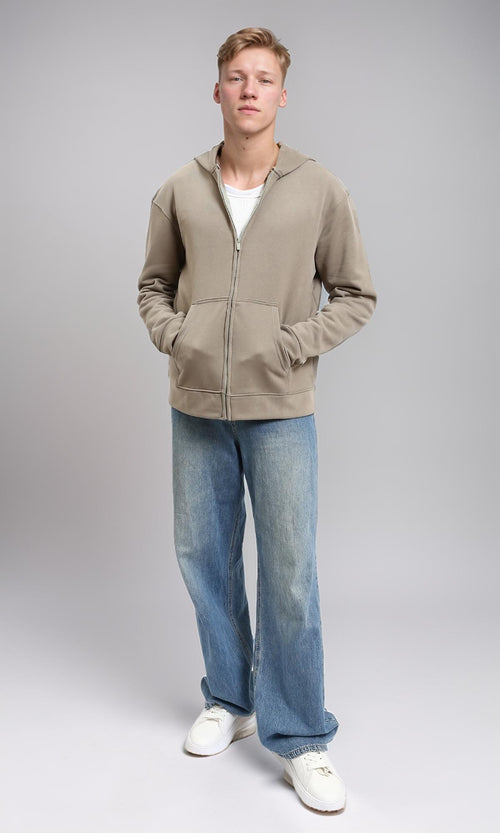 R214037 - Zipper Through Pockets Solid Hoodie - Light Taupe