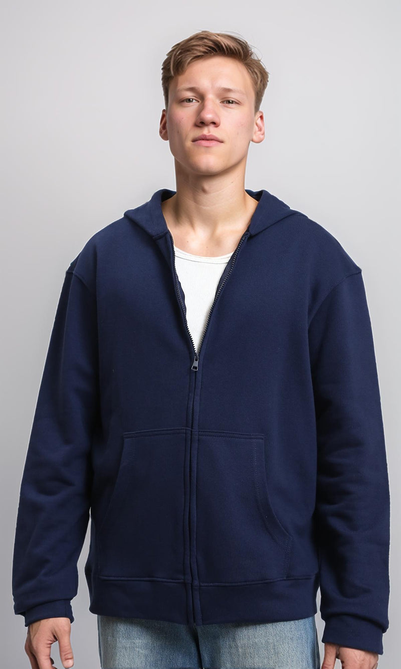 R214038 - Zipper Through Pockets Solid Hoodie - Navy Blue