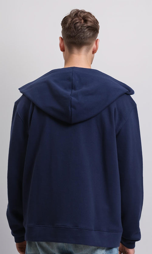R214038 - Zipper Through Pockets Solid Hoodie - Navy Blue