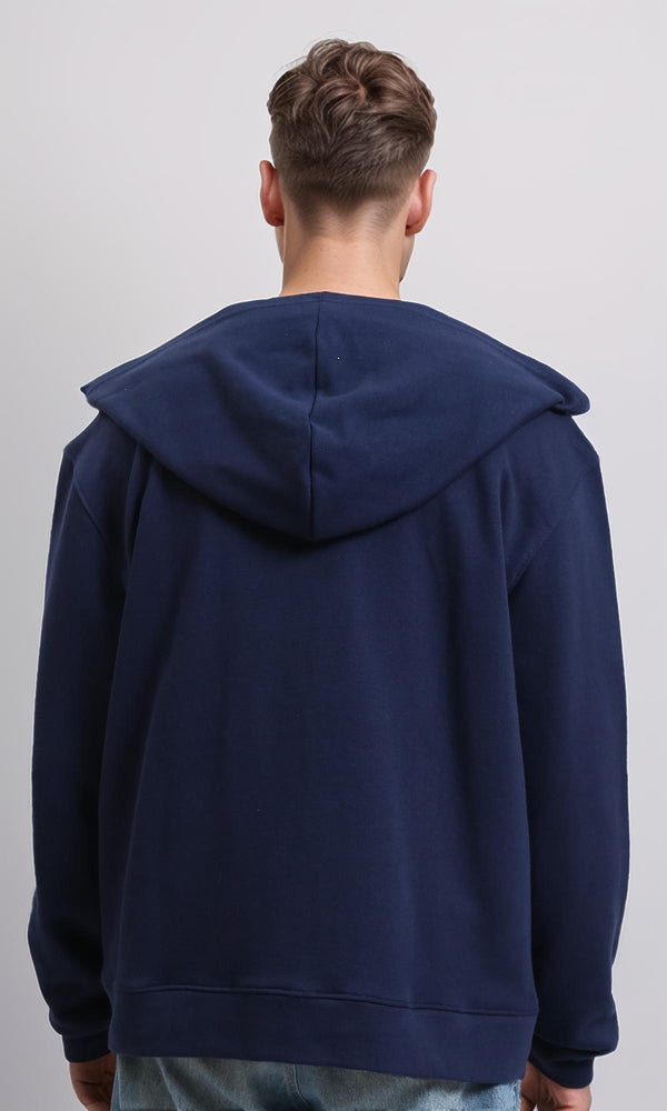 R214038 - Zipper Through Pockets Solid Hoodie - Navy Blue