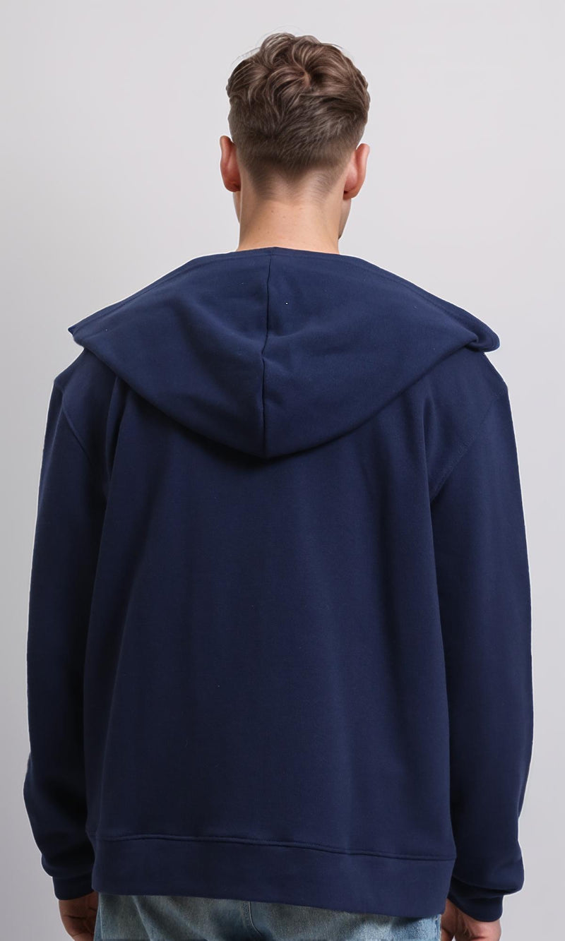 R214038 - Zipper Through Pockets Solid Hoodie - Navy Blue