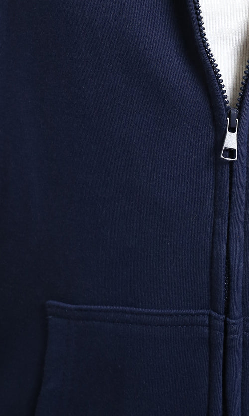 R214038 - Zipper Through Pockets Solid Hoodie - Navy Blue