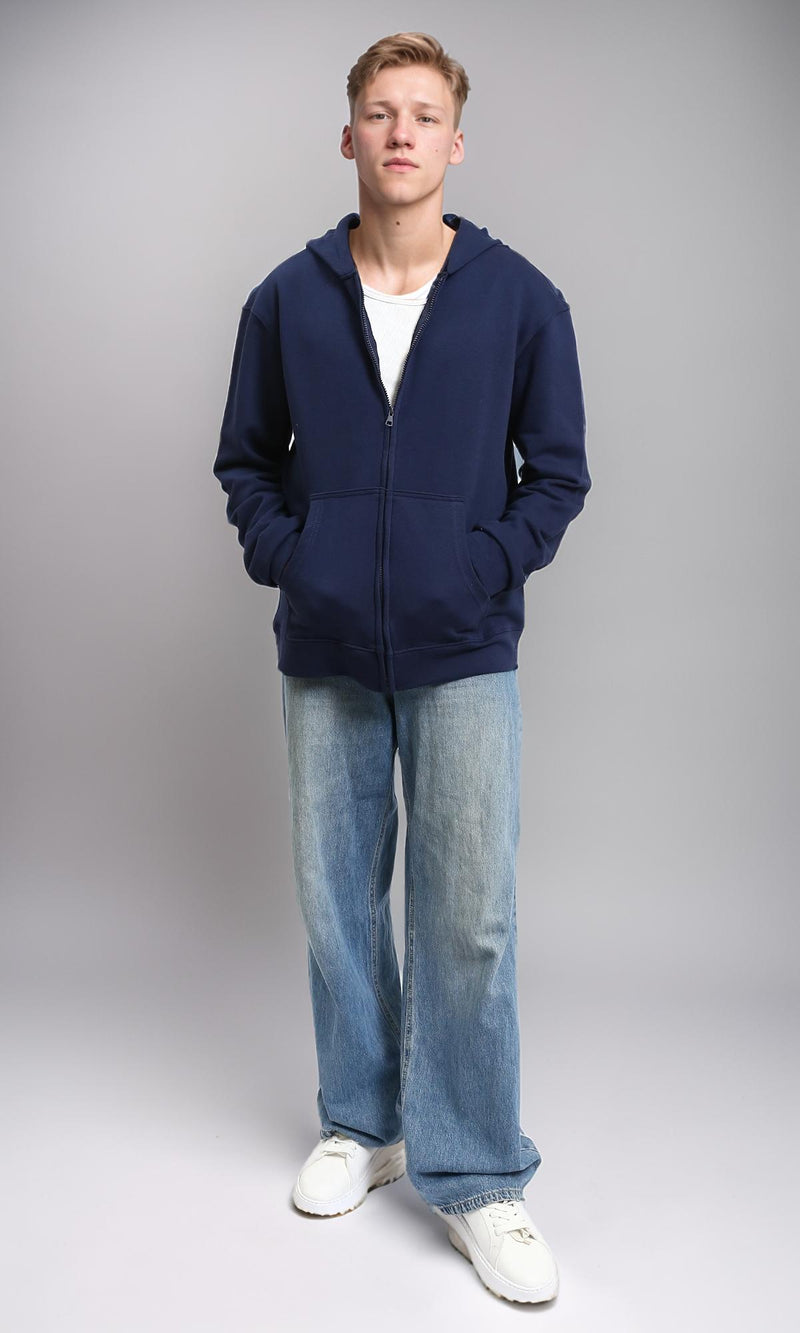 R214038 - Zipper Through Pockets Solid Hoodie - Navy Blue