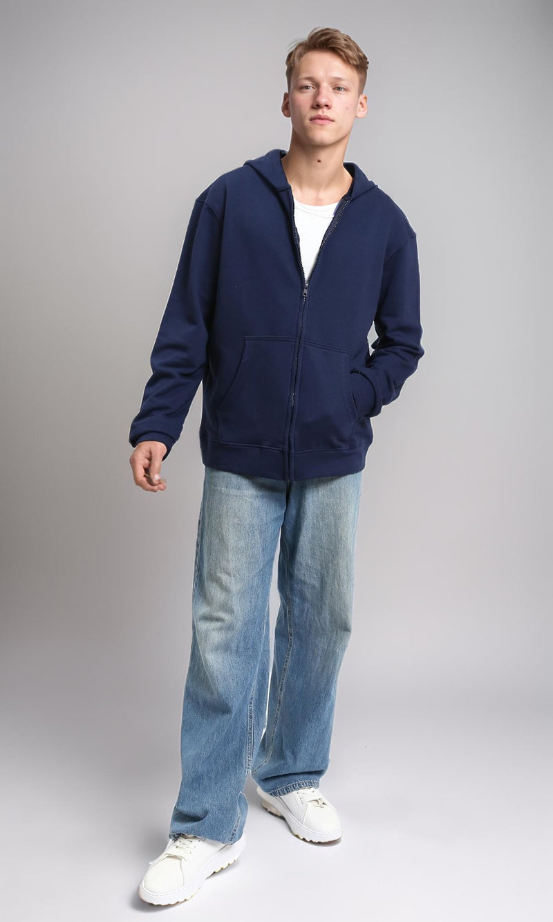 R214038 - Zipper Through Pockets Solid Hoodie - Navy Blue
