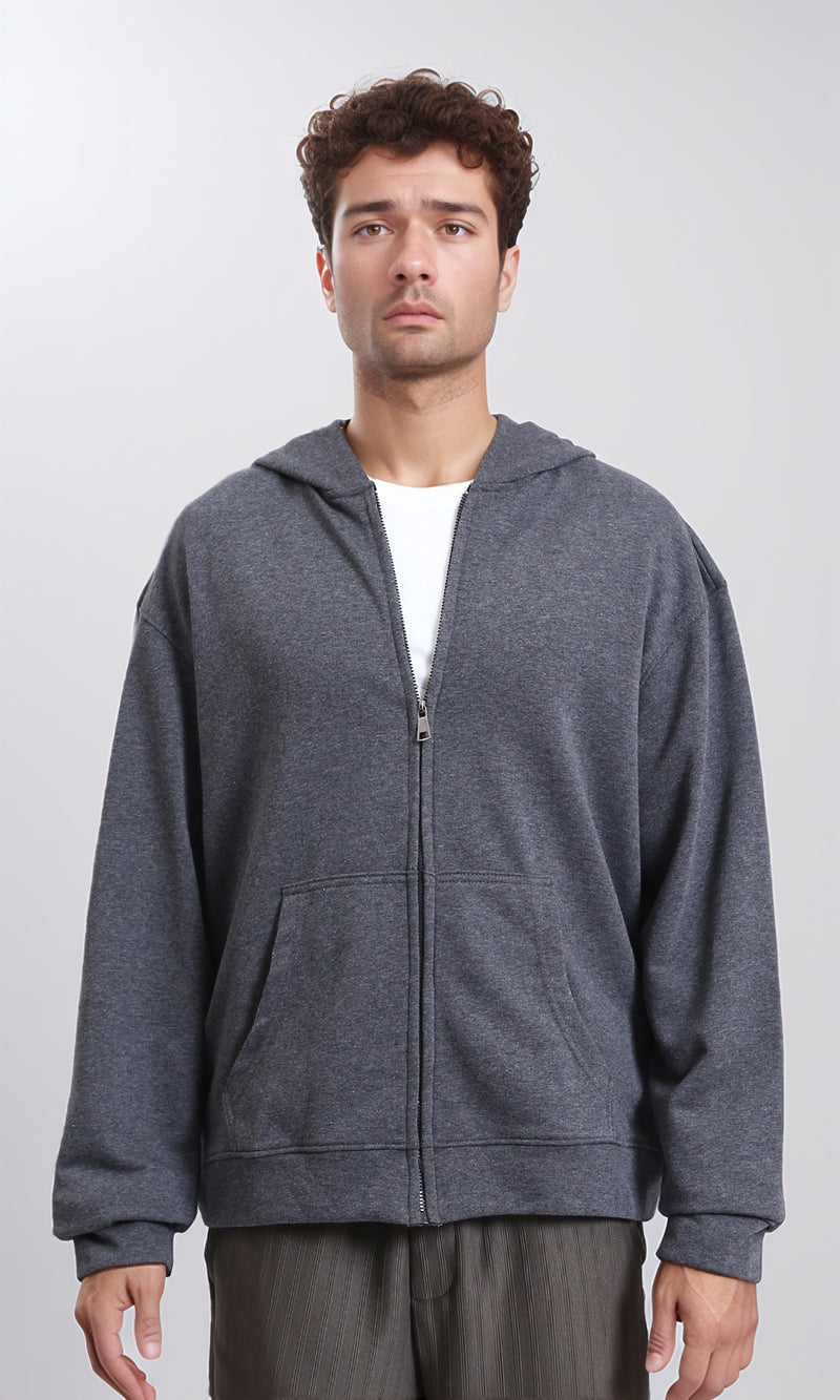R214039 - Zipper Through Pocket Casual Hoodie - Heather Dark Grey