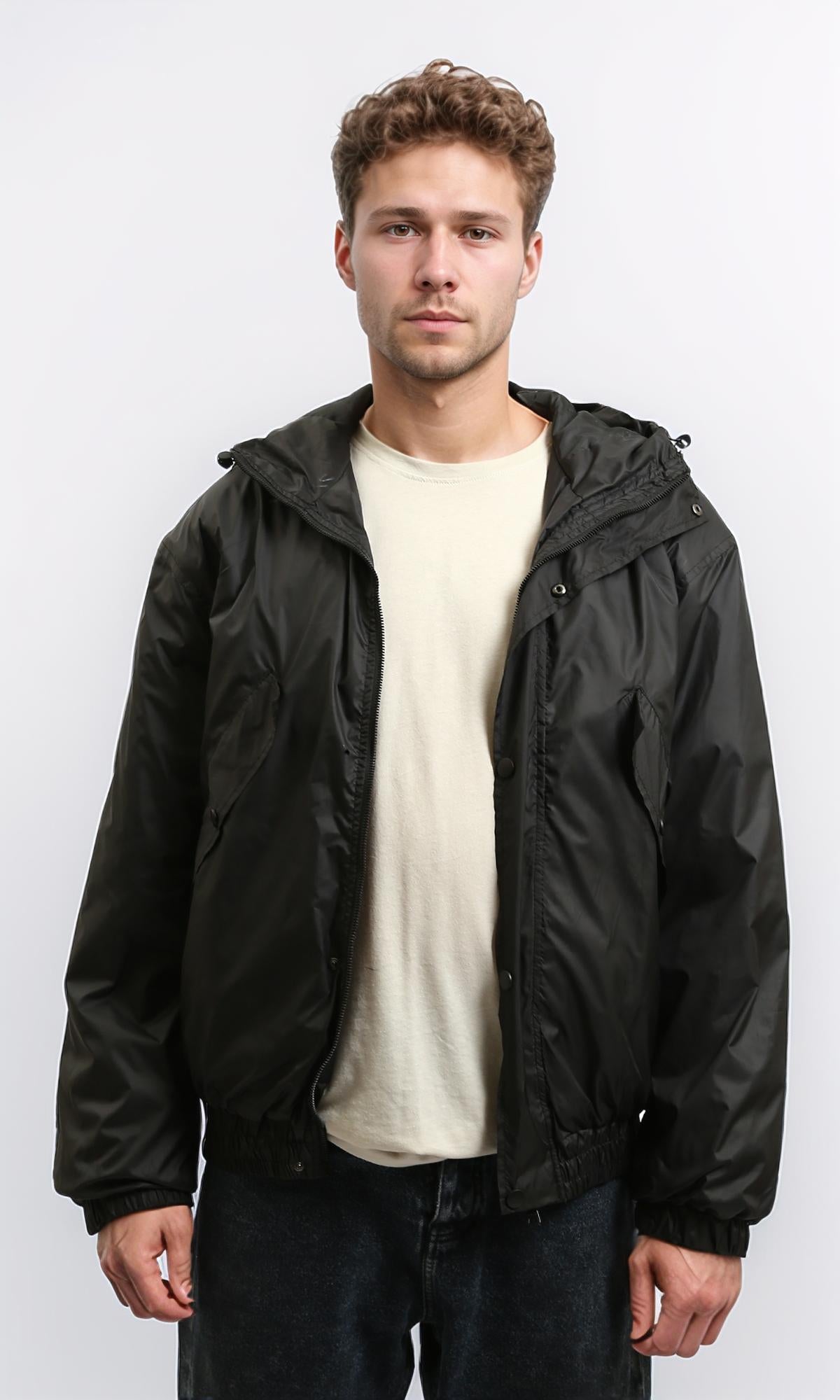 Solid Bomber Jacket with Multi Pockets - Black