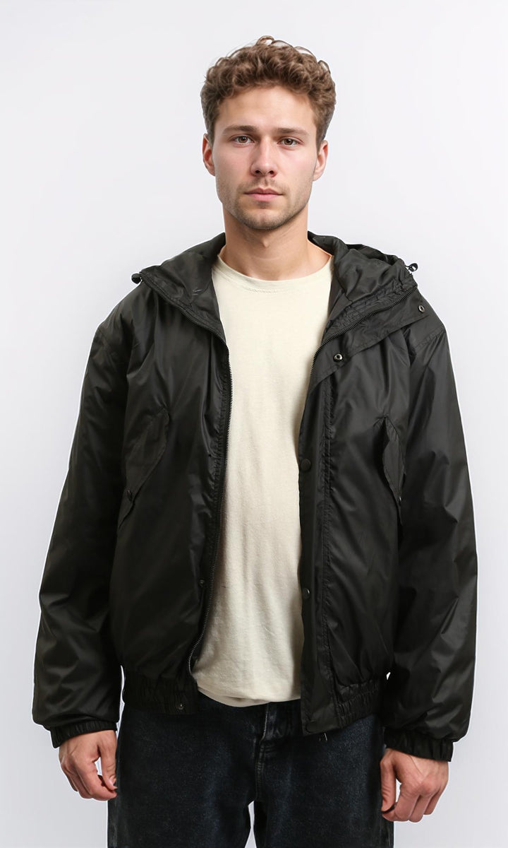 Solid Bomber Jacket with Multi Pockets - Black
