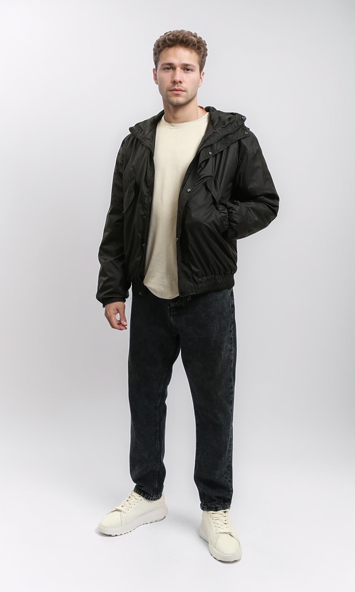 R214162 - Solid Bomber Jacket with Multi Pockets - Black