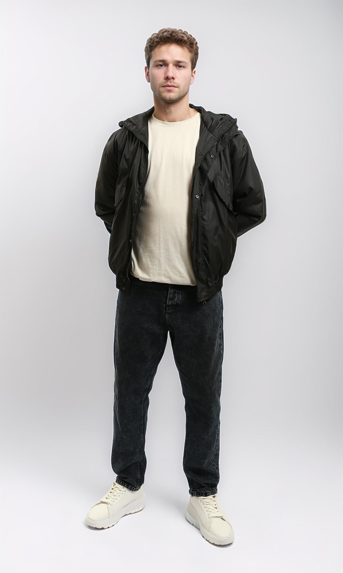 R214162 - Solid Bomber Jacket with Multi Pockets - Black