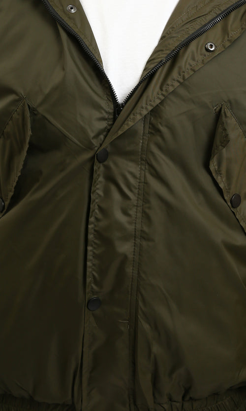 R214163 - Solid Bomber Jacket with Multi Pockets - Dark Khaki
