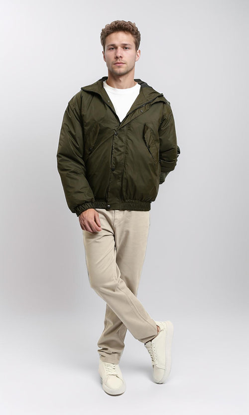 R214163 - Solid Bomber Jacket with Multi Pockets - Dark Khaki