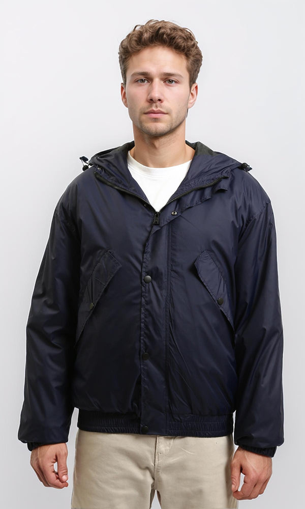 R214164 - Solid Bomber Jacket with Multi Pockets - Navy Blue