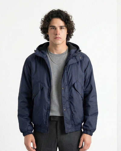 Solid Bomber Jacket with Multi Pockets - Navy Blue