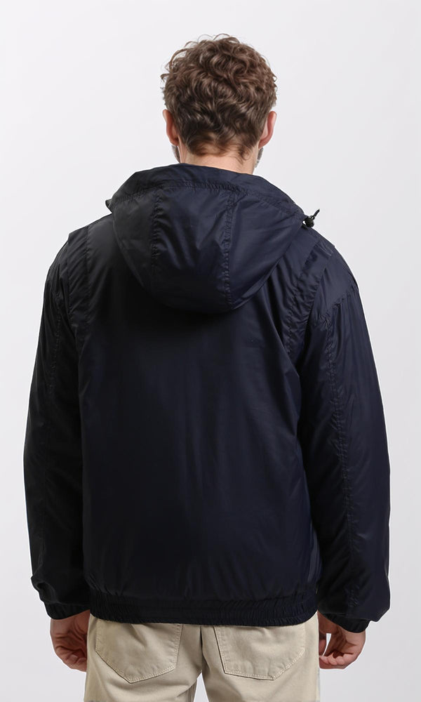 R214164 - Solid Bomber Jacket with Multi Pockets - Navy Blue