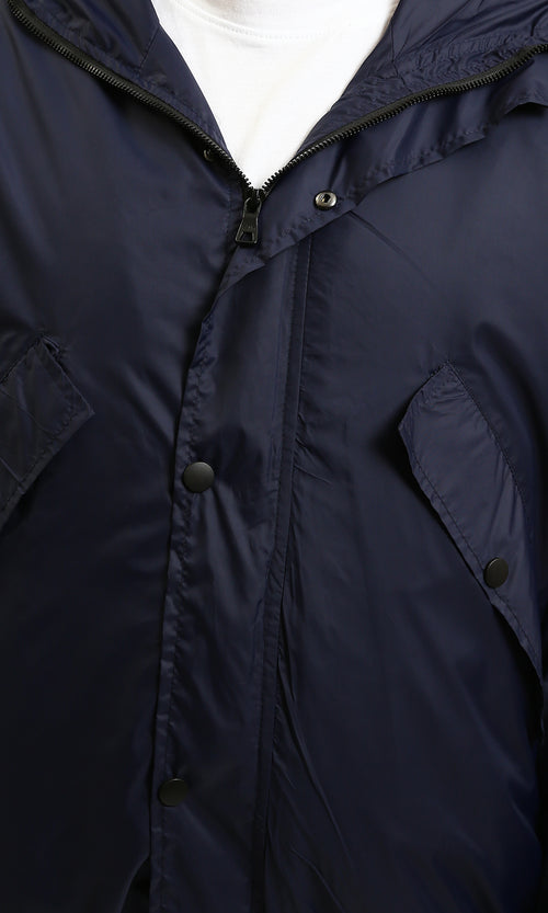 R214164 - Solid Bomber Jacket with Multi Pockets - Navy Blue