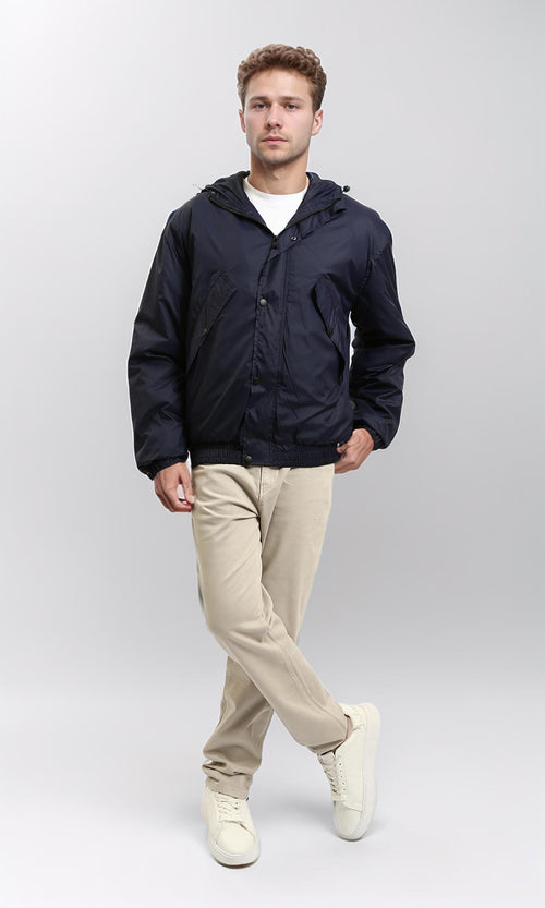 R214164 - Solid Bomber Jacket with Multi Pockets - Navy Blue
