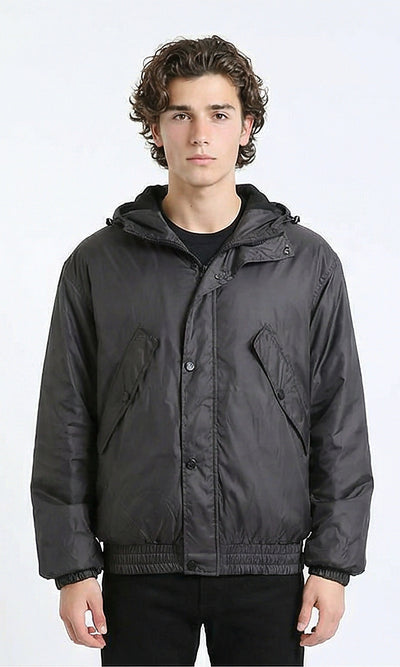 Solid Waterproof Jacket with Elastic Hem - Charcoal Grey