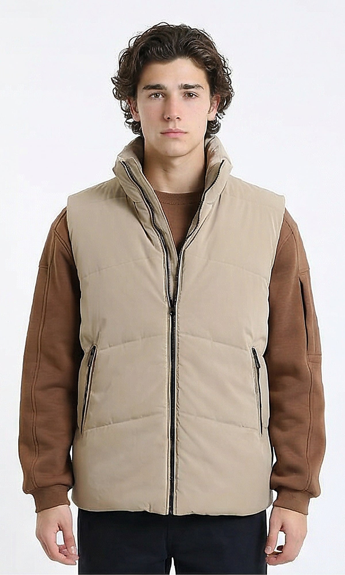 Stand Collar Solid Puffer Vest - Light Coffee