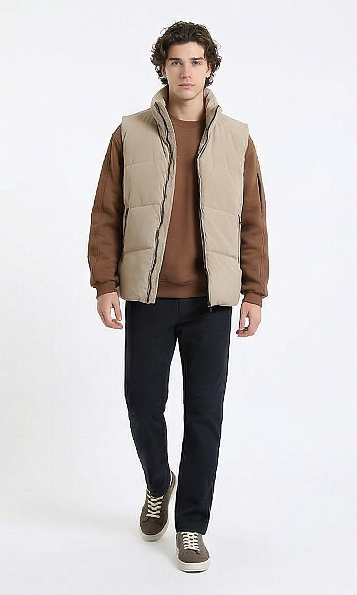 R214179 - Stand Collar Solid Puffer Vest - Light Coffee