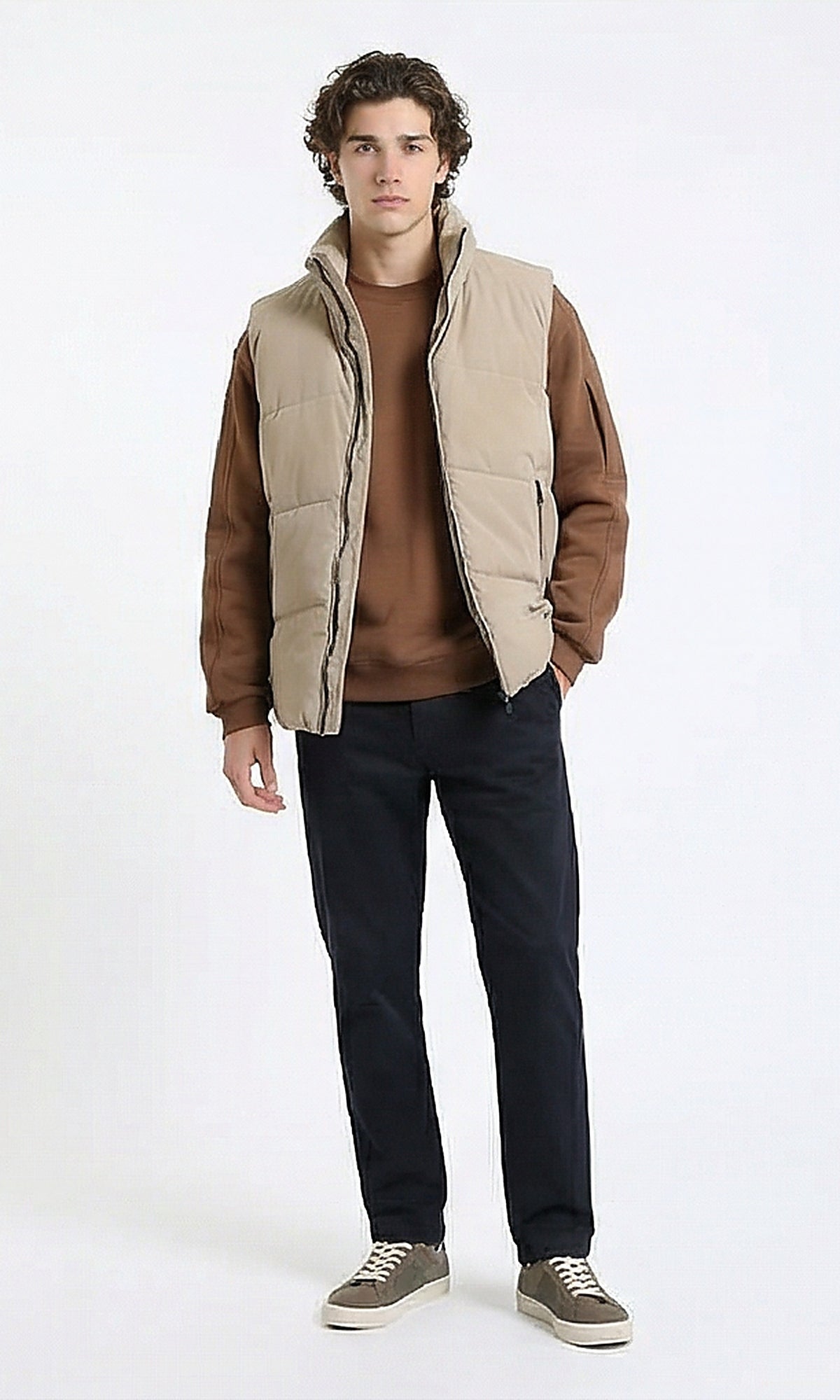 R214179 - Stand Collar Solid Puffer Vest - Light Coffee