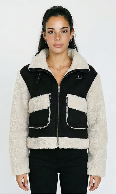 Bi-Tone Suede Jacket with Wool Sleeves - Black & Off-White