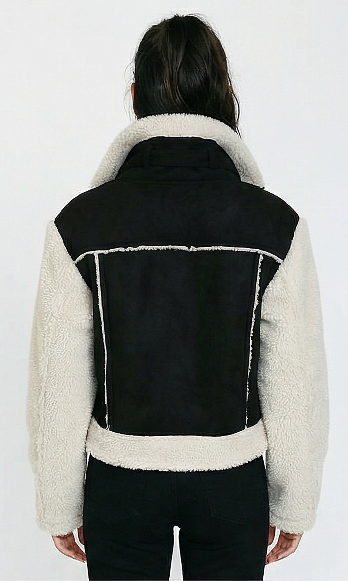 R214182 - Bi-Tone Suede Jacket with Wool Sleeves - Black & Off-White