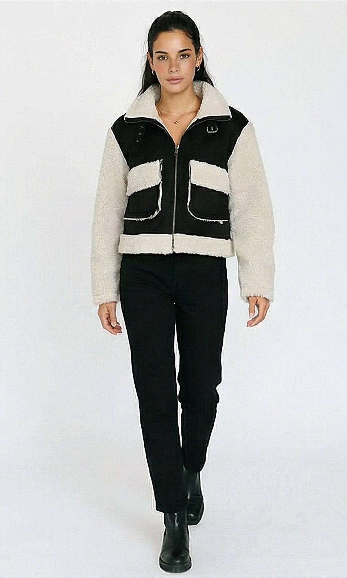 R214182 - Bi-Tone Suede Jacket with Wool Sleeves - Black & Off-White