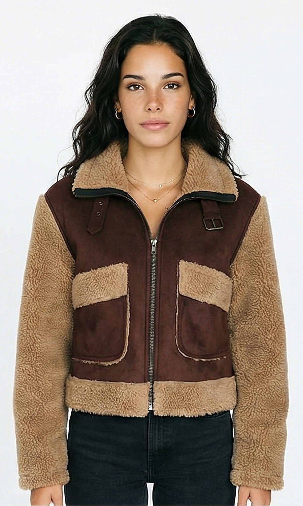 Bi-Tone Suede Jacket with Wool Sleeves - Brown & Tan