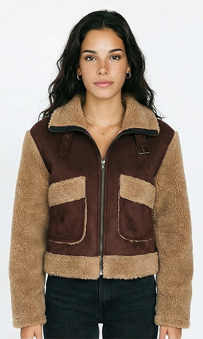 Bi-Tone Suede Jacket with Wool Sleeves - Brown & Tan