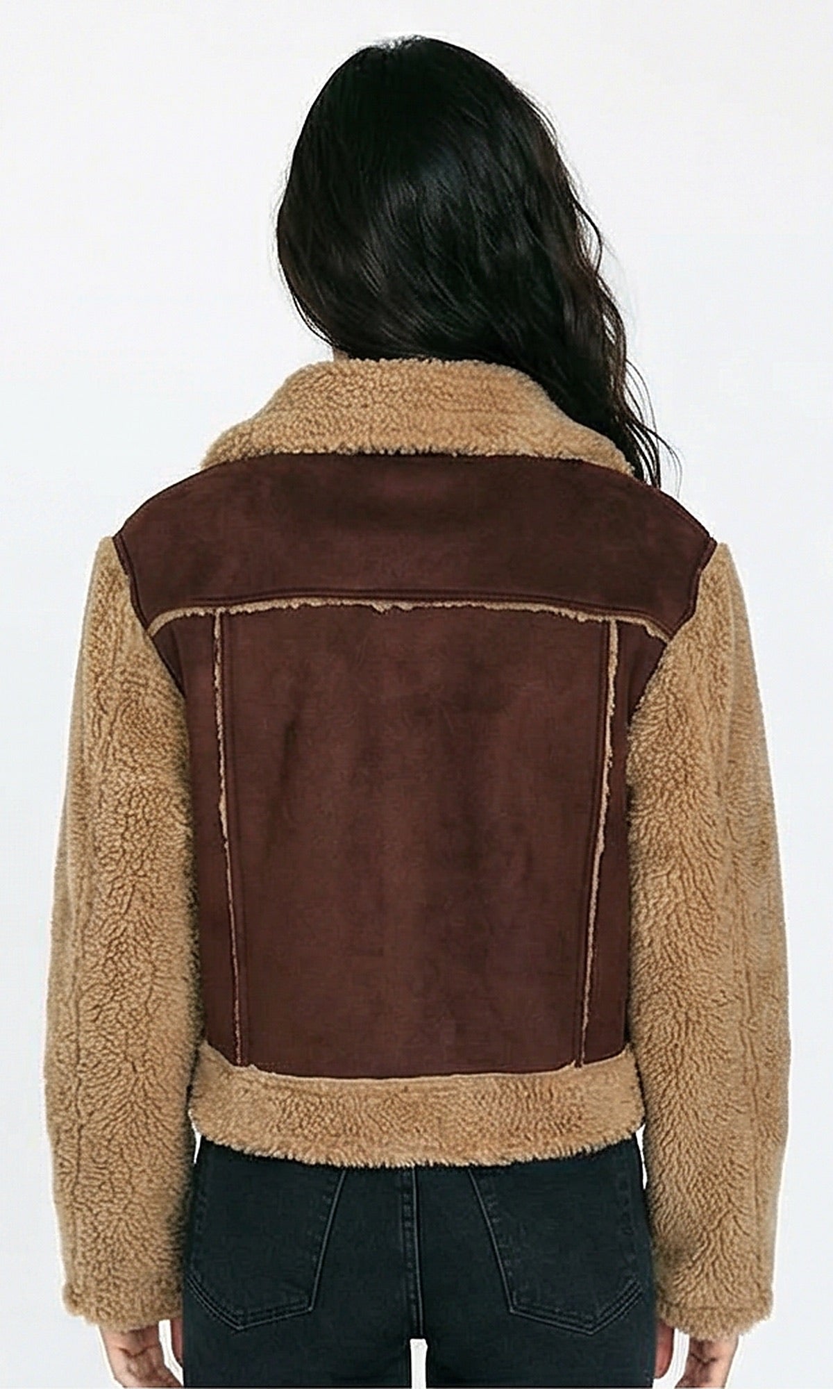 R214183 - Bi-Tone Suede Jacket with Wool Sleeves - Brown & Tan