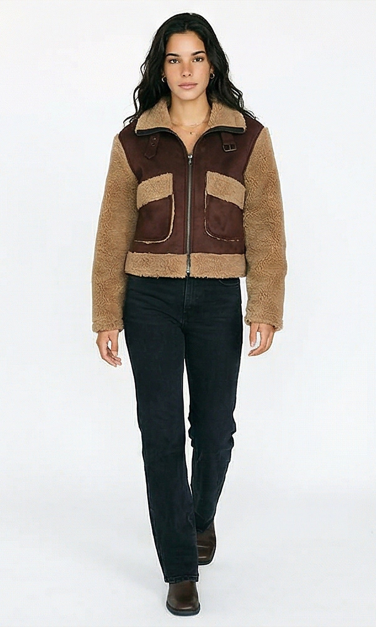 R214183 - Bi-Tone Suede Jacket with Wool Sleeves - Brown & Tan