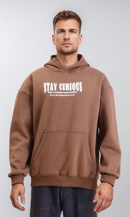 R214210 - Printed "Stay Curious" Hoodie with Pocket - Light Brown