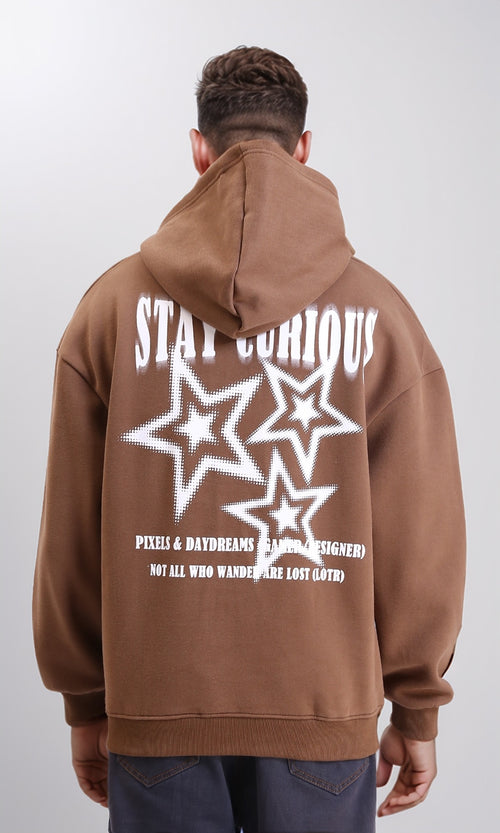 R214210 - Printed "Stay Curious" Hoodie with Pocket - Light Brown