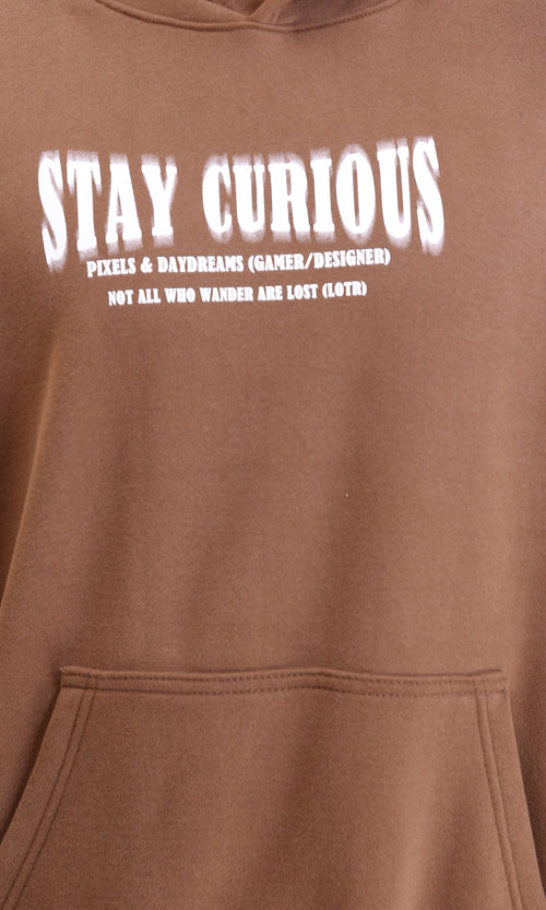 R214210 - Printed "Stay Curious" Hoodie with Pocket - Light Brown