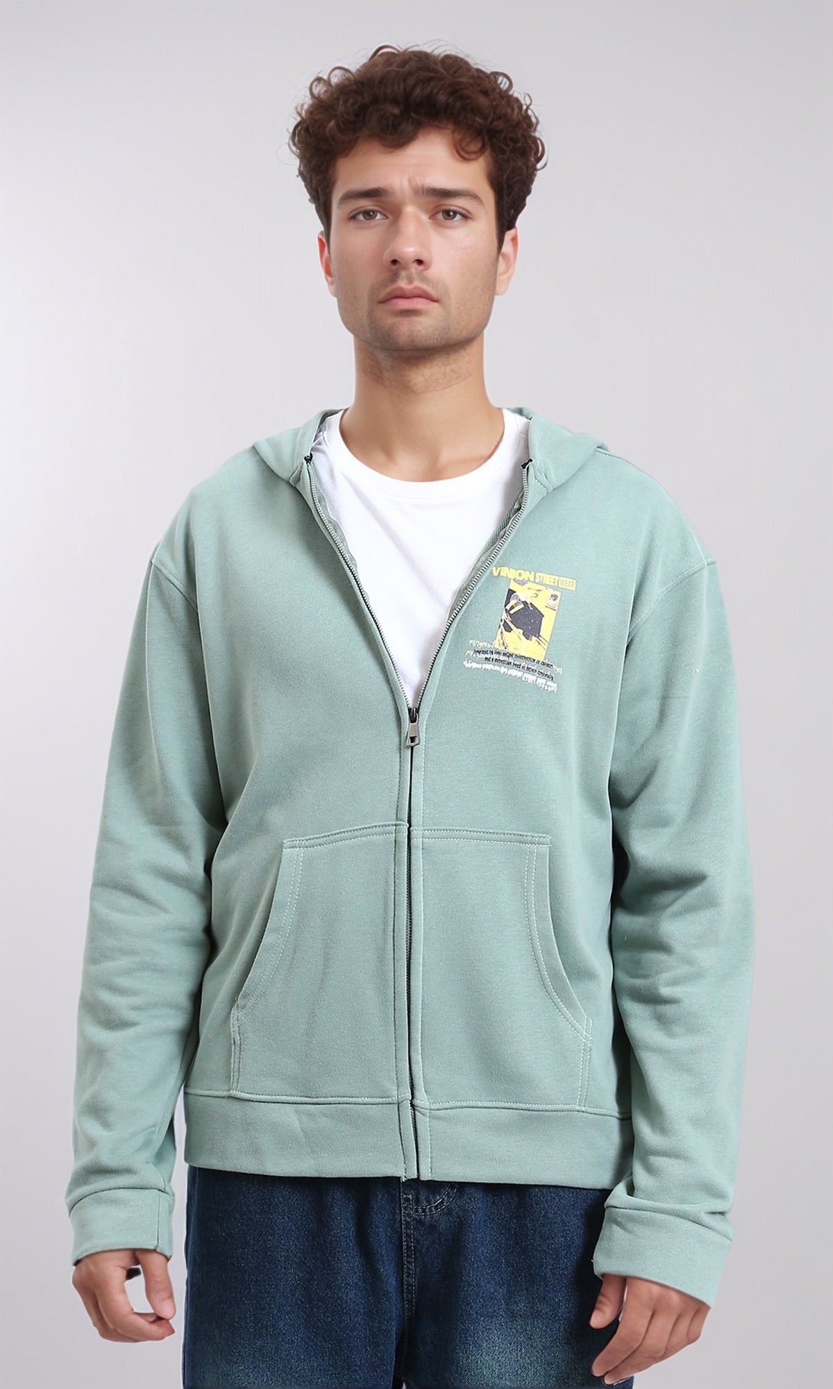 Regular Fit Cotton Printed Hoodie - Mint