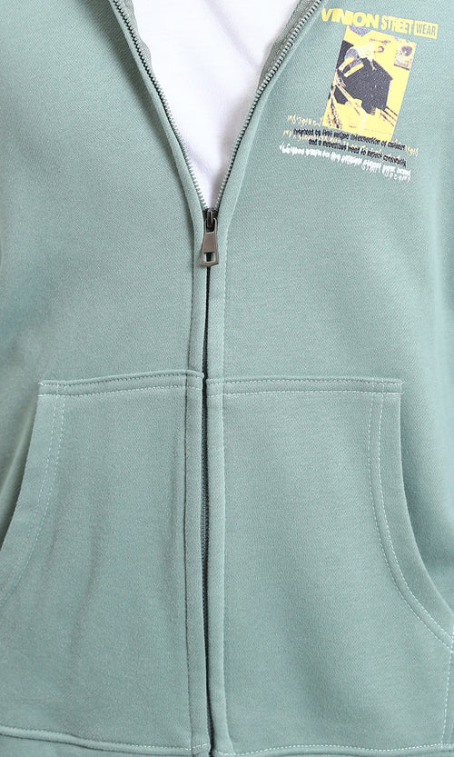 R214218 - Regular Fit Cotton Printed Hoodie - Mint