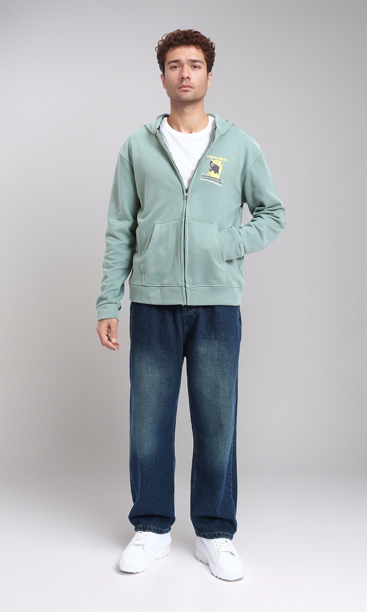 R214218 - Regular Fit Cotton Printed Hoodie - Mint