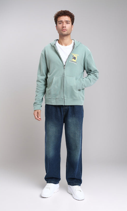 R214218 - Regular Fit Cotton Printed Hoodie - Mint