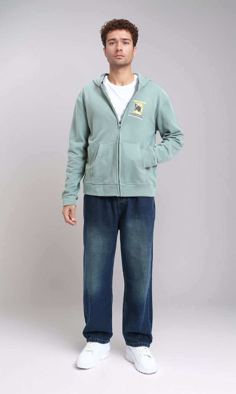 R214218 - Regular Fit Cotton Printed Hoodie - Mint