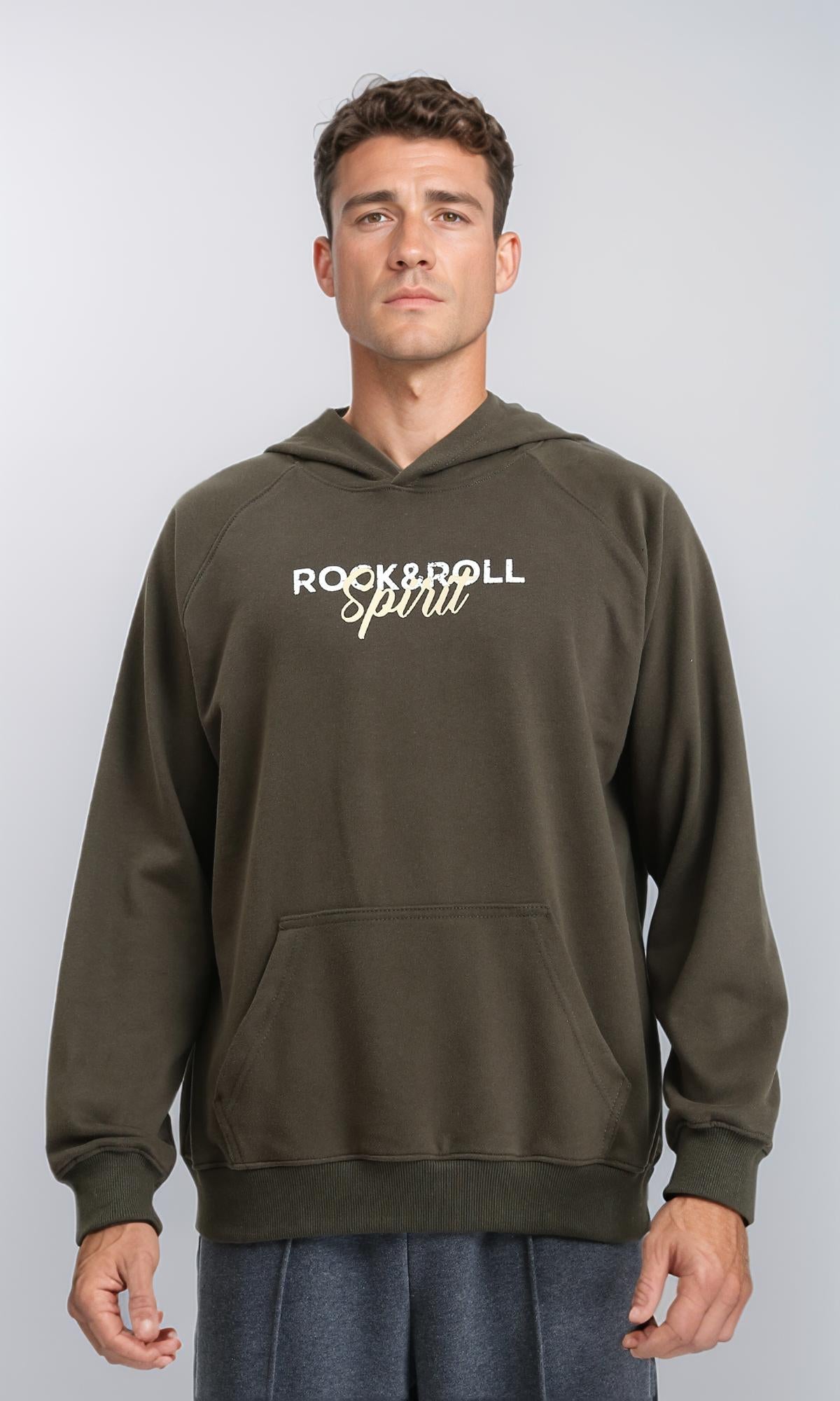 "rock & Roll" Long Sleeves Hoodie - Dark Khaki