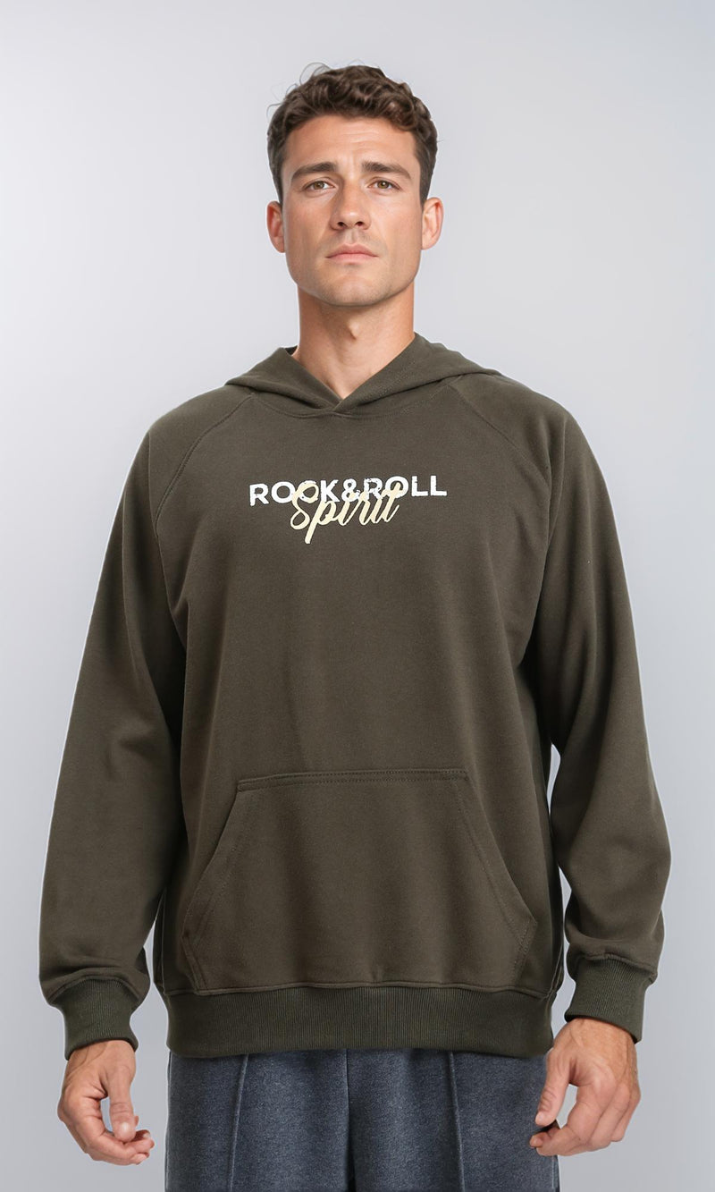 R214219 - "Rock & Roll" Long Sleeves Hoodie - Dark Khaki