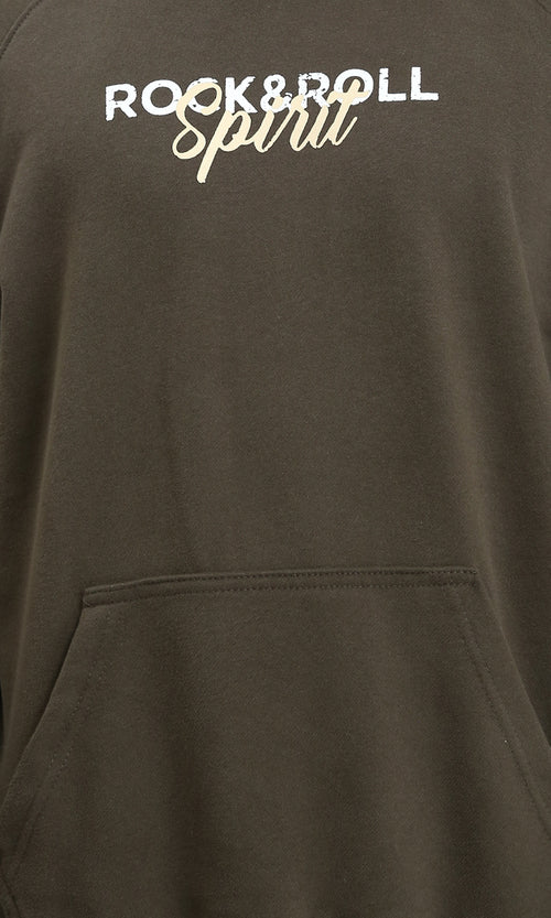 R214219 - "Rock & Roll" Long Sleeves Hoodie - Dark Khaki