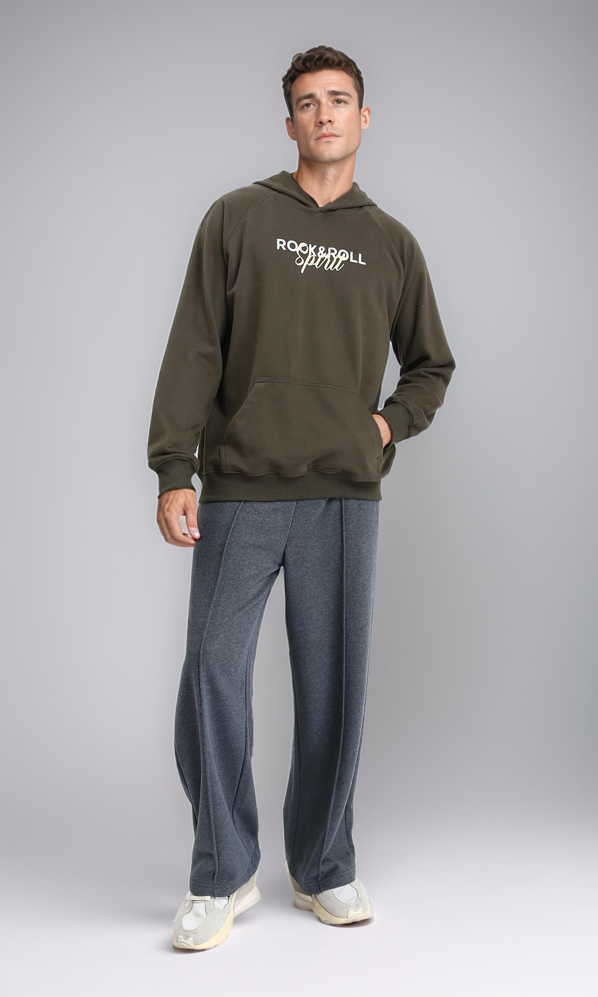 R214219 - "Rock & Roll" Long Sleeves Hoodie - Dark Khaki